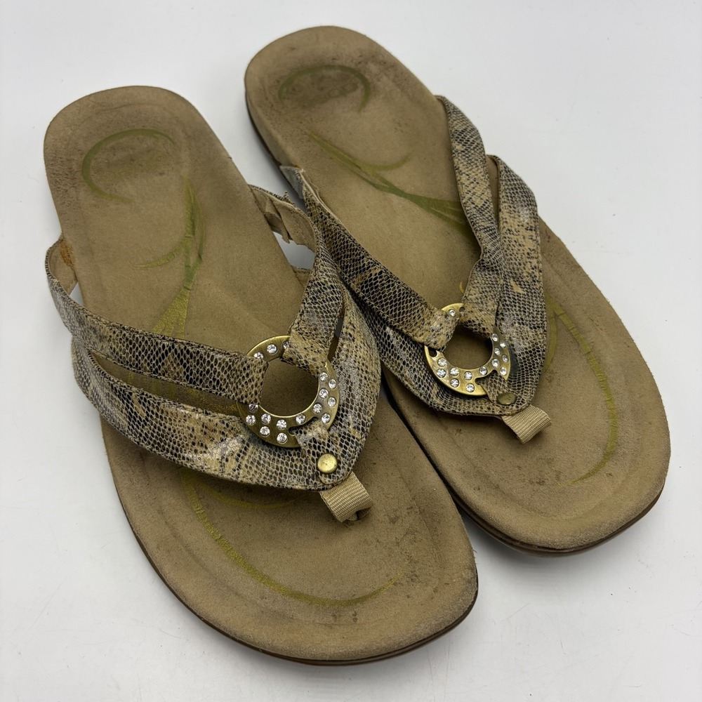 Abeo Thong Sandals Womens 9.5 M Flip Flop Beige Snake Print Slip On Casual